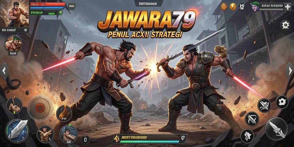 Tangkapan layar utama dari gameplay pertarungan yang intens di JAWARA79.