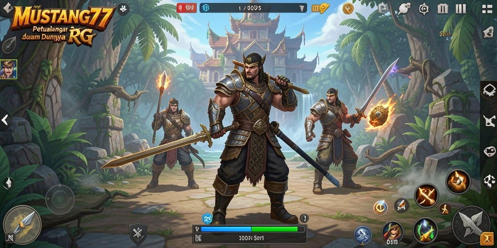 Tangkapan layar menunjukkan aksi seru di dunia RPG MUSTANG77.