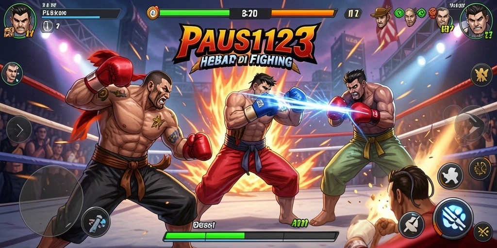 Screenshot gameplay PAUS123 dengan pertarungan epik dan karakter menarik.